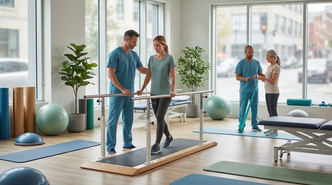 Physiotherapist treating patient with lower back pain using manual therapy