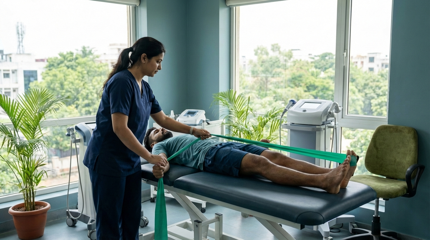 Physiotherapist performing vestibular assessment on patient with balance disorder