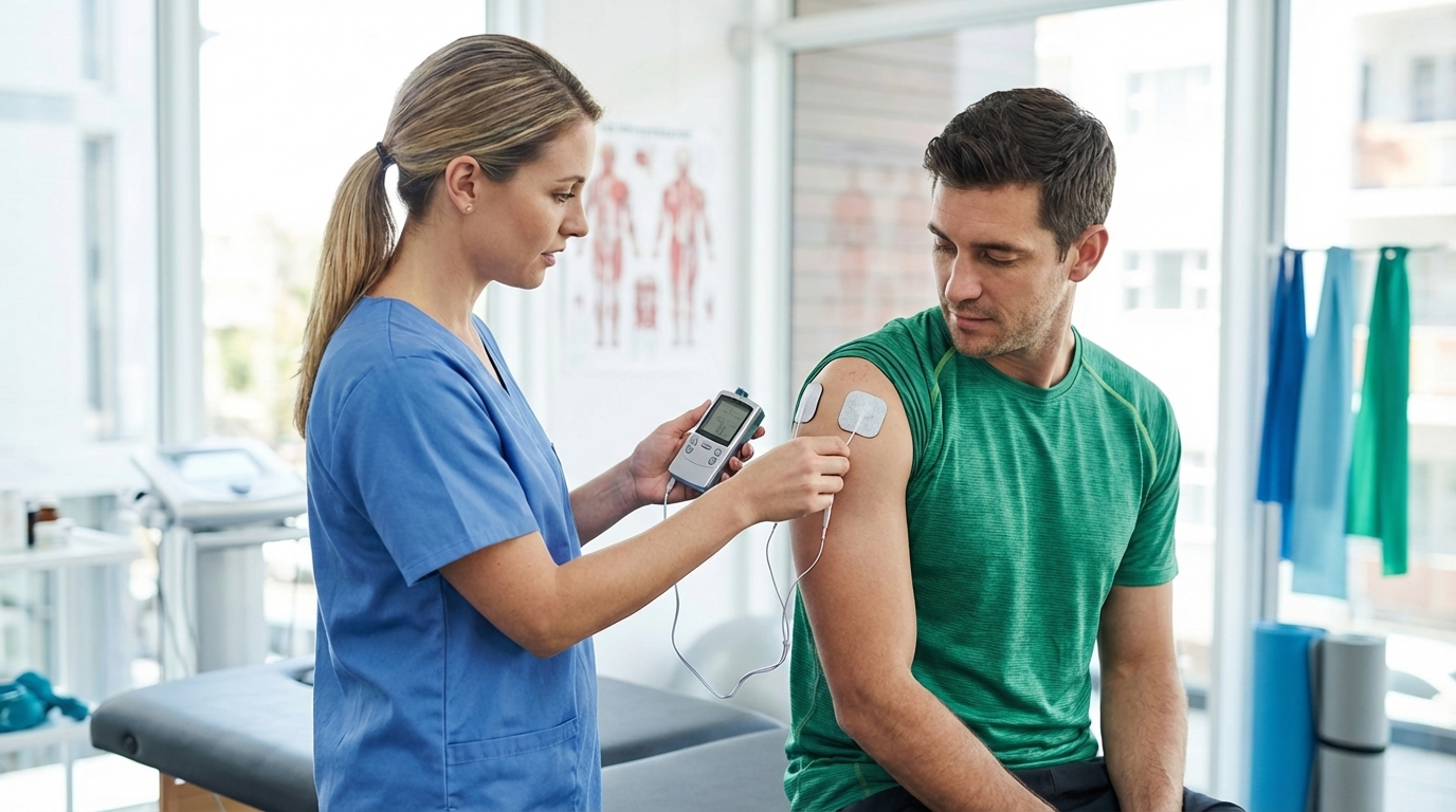 Patient performing bird-dog core exercise under physiotherapist supervision