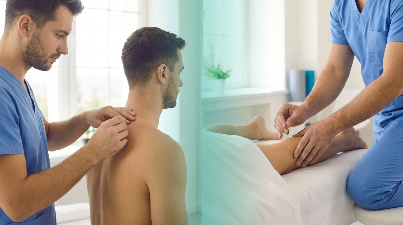 Physiotherapist performing dry needling into muscle trigger point on patient back