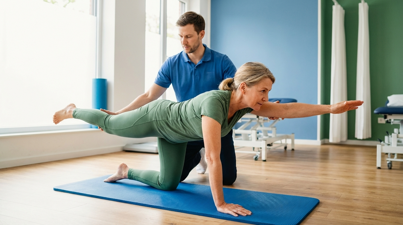 Physiotherapist assisting patient with knee replacement exercises