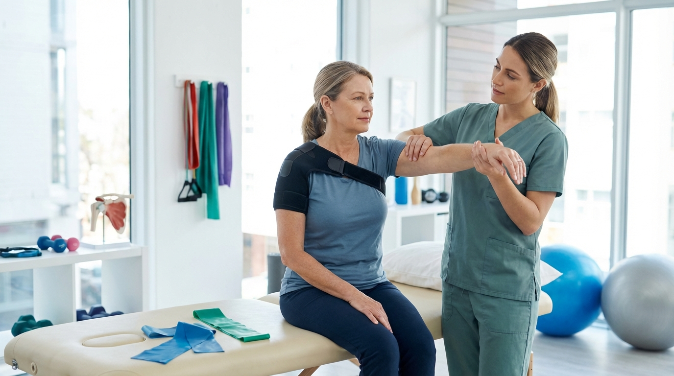 Elderly patient performing balance exercise with physiotherapist supervision
