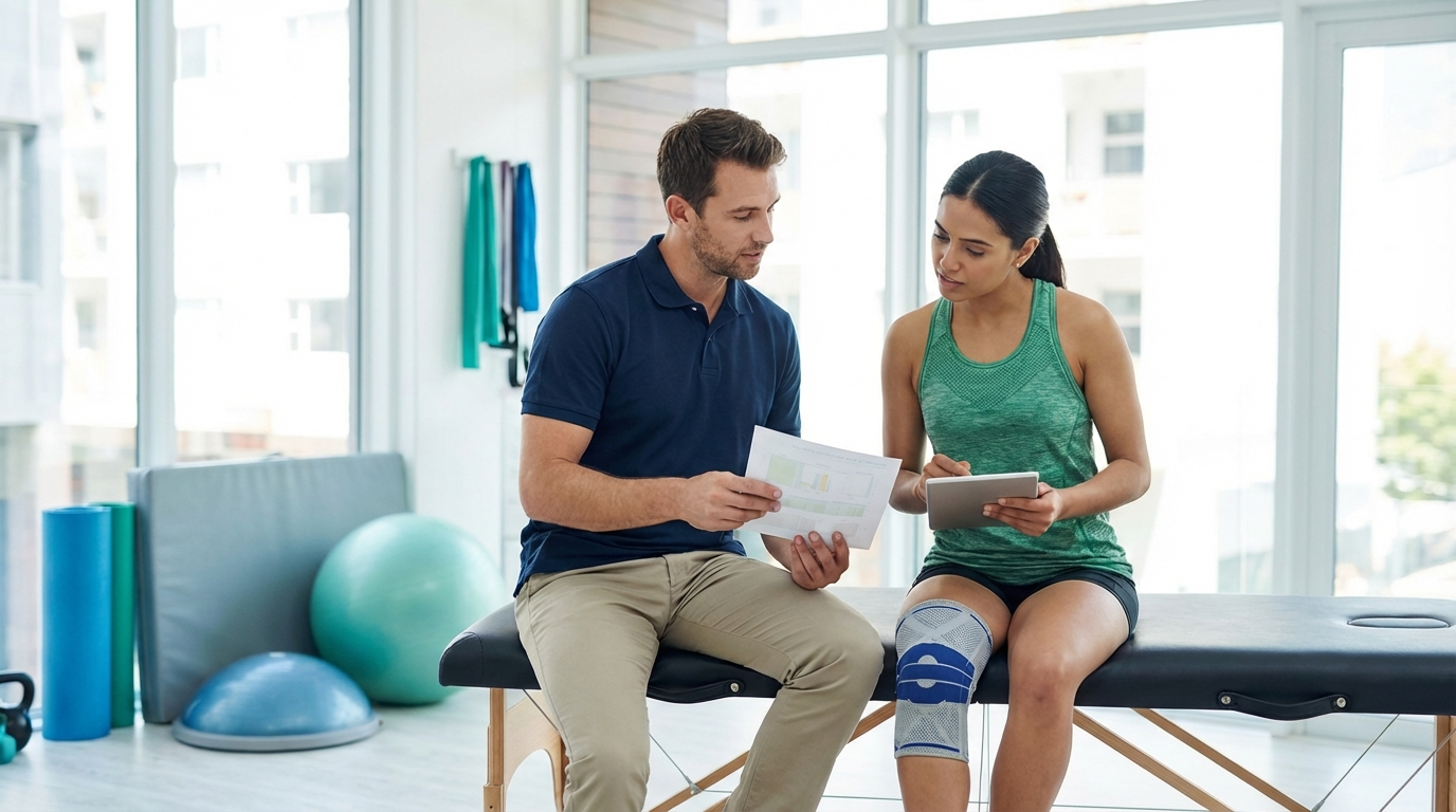 Patient performing post-surgical rehabilitation exercises with physiotherapist guidance