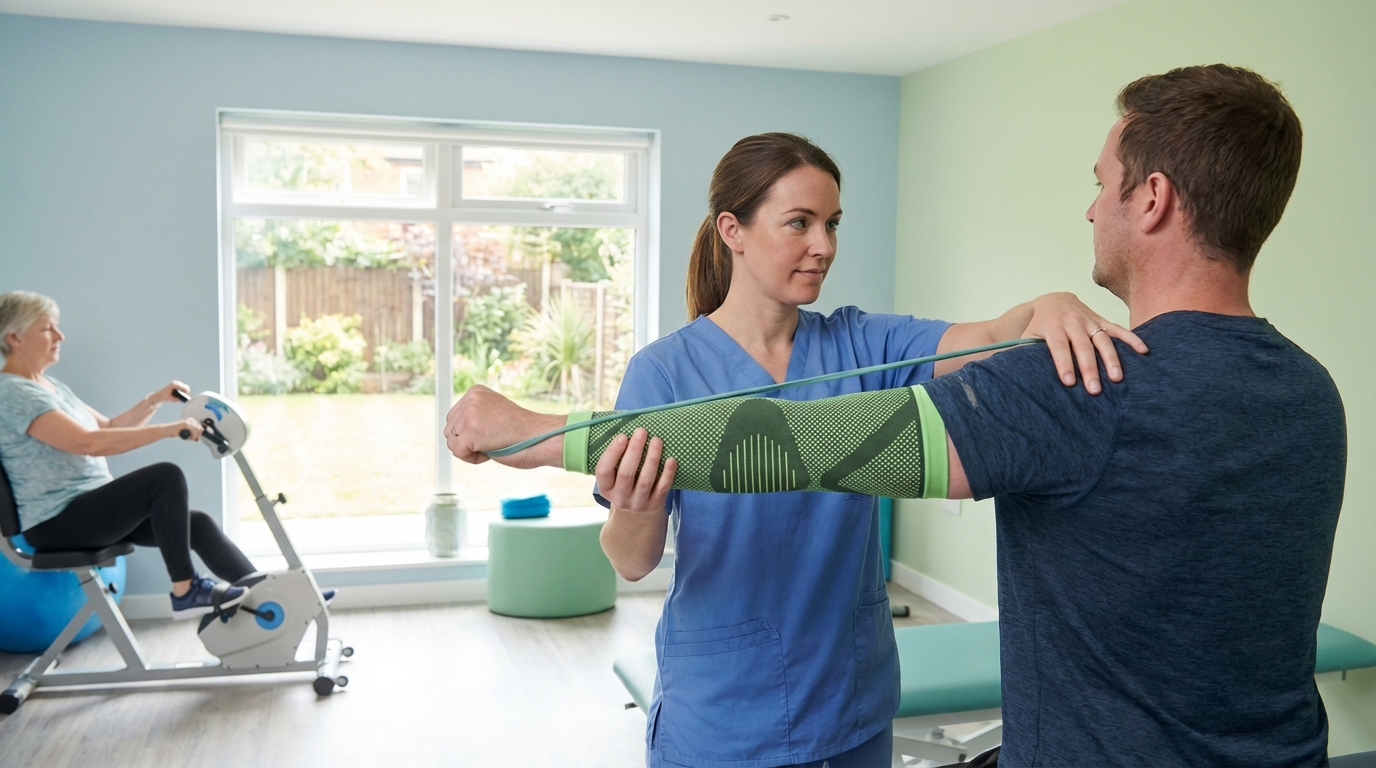 Person performing posture correction exercise at home with resistance band