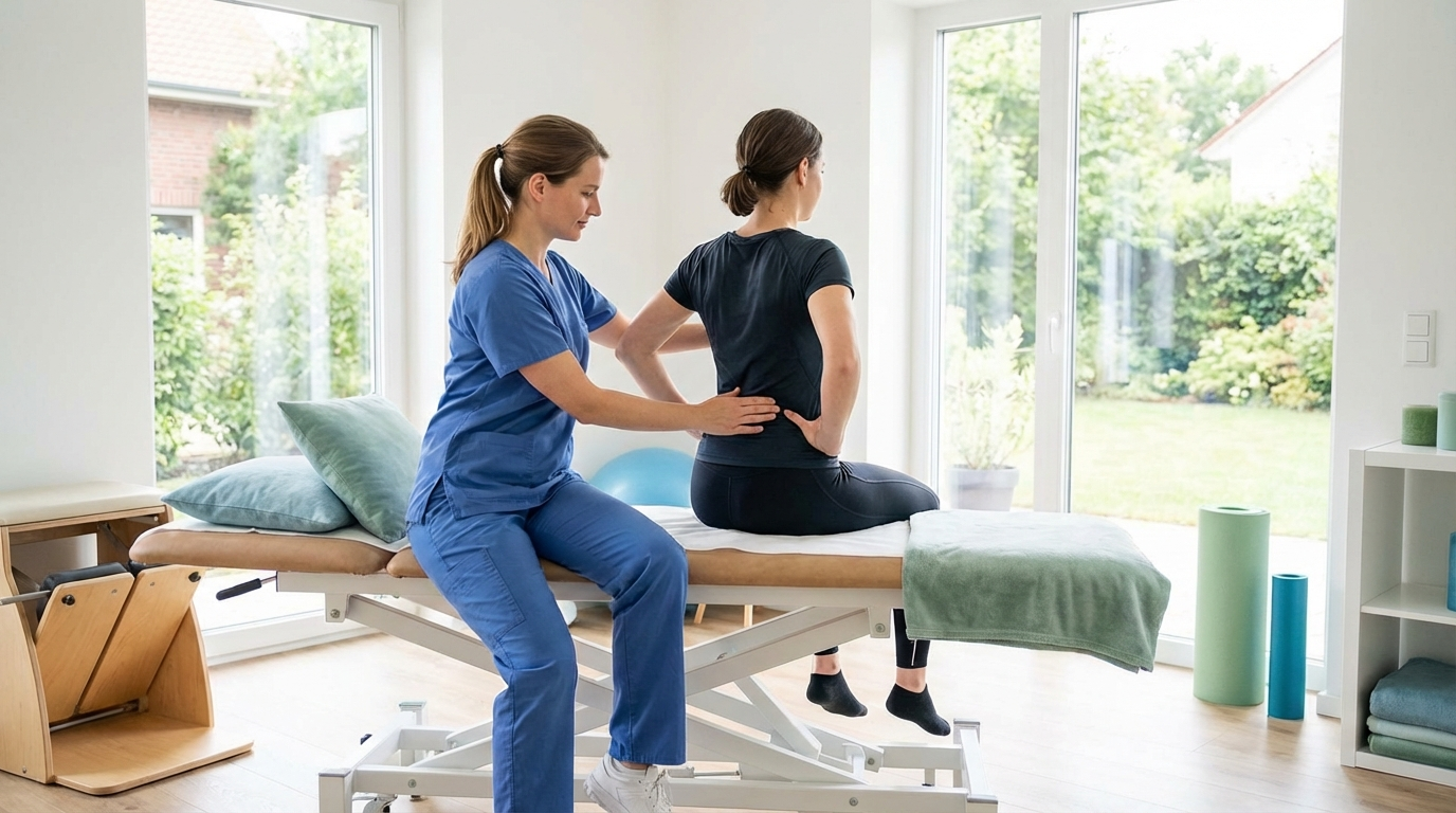 Physiotherapist assessing athlete knee injury on treatment table