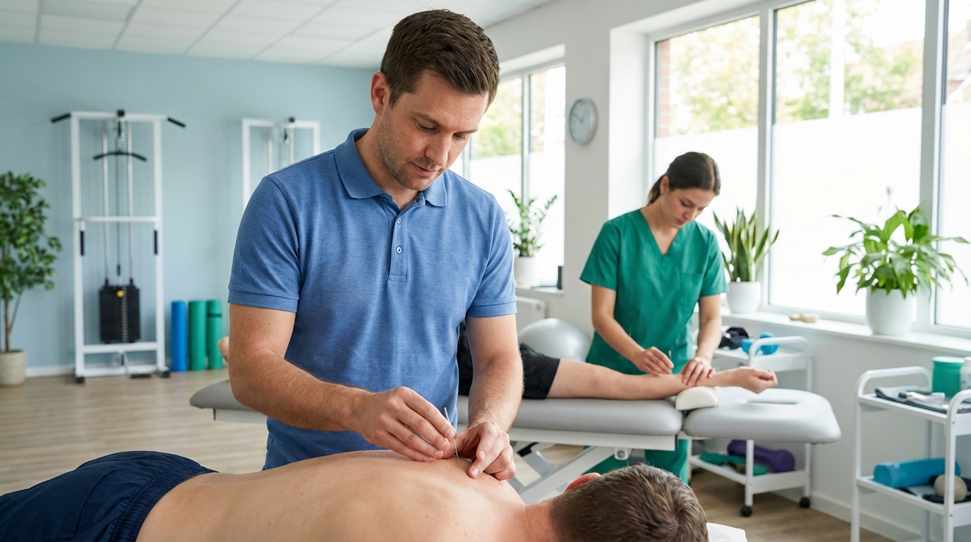 Patient receiving TENS therapy for lower back pain in physiotherapy clinic