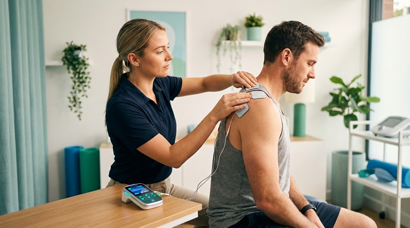 Physiotherapist applying therapeutic ultrasound to patient shoulder